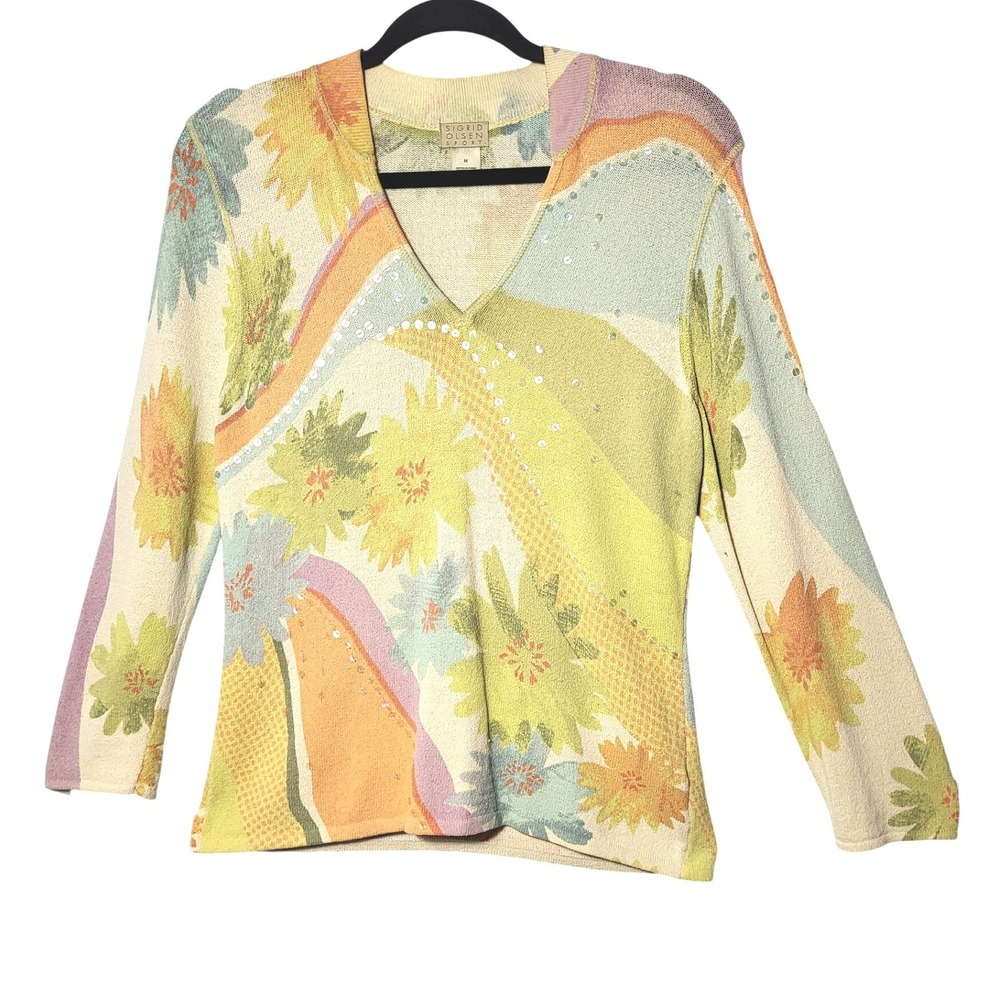 Sigrid Olsen Sport Floral V-Neck Sweater Sequin Embellished Multicolor Y2K Med